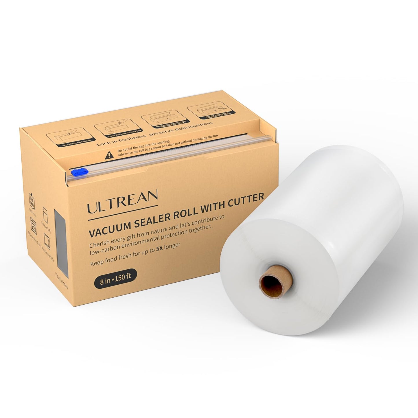 Ultrean 8" x 150' Vacuum Seal Roll Keeper with Cutter, Commercial Grade Vacuum Sealer Bags for Food Saver,BPA Free,Ideal for Storage, Meal Prep and Sous Vide