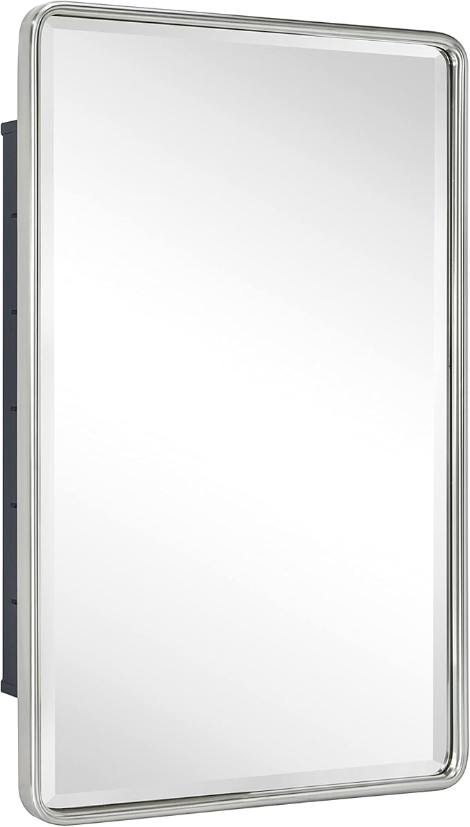 TEHOME Farmhouse Brushed Nickel Metal Framed Recessed Bathroom Medicine Cabinet with Mirror Rounded Rectangle Medicine Cabinet with Beveled Mirror 16x24''