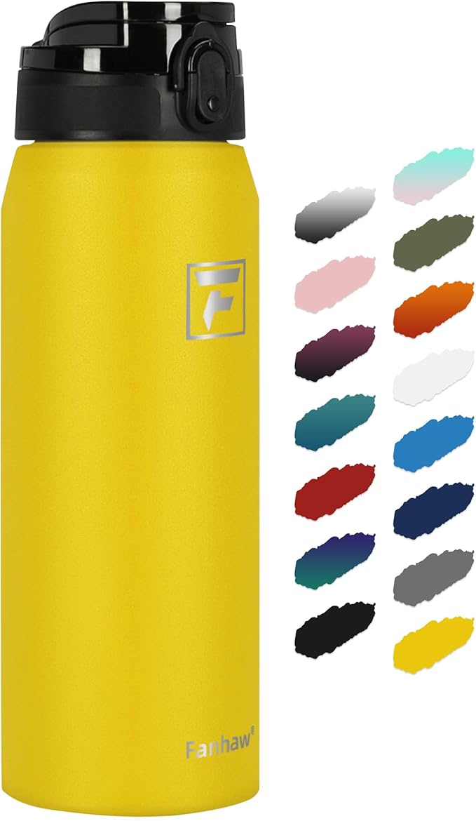 Fanhaw 24 oz Insulated Stainless Steel Water Bottle with Anti-Dust Chug Lid, Leakproof Vacuum Metal Bottle for Kids, Women & Men (Yellow)