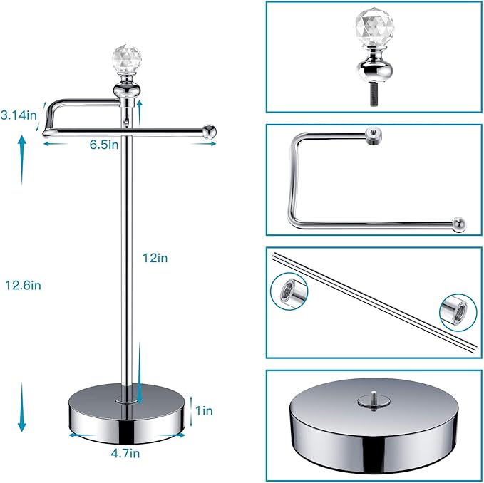 Heavy Weighted Towel Holder (with Crystal Ball) Standing Towel Holder - Total Height 15.7'' for Kitchen, Bathroom, Vanity - Classic Decorative Metal Hand Towel Stand, Polished Chrome