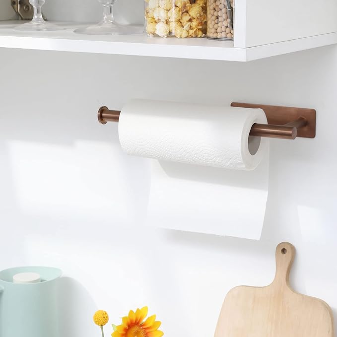 theaoo Rose Gold Paper Towel Holder - Under Cabinet Paper Towel Holder for Kitchen, Adhesive Paper Towel Roll Rack for Bathroom Towel, Wall Mounted Paper Towel Rack, SUS304 Stainless Steel