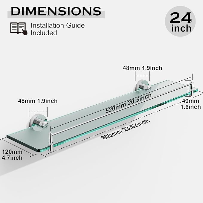 24 Inch Glass Bathroom Shelves,Chrome Polished Floating Shelves for Wall Rectangular Modern Stainless Steel Glass Shelf for Bathroom Shelves Wall Mounted