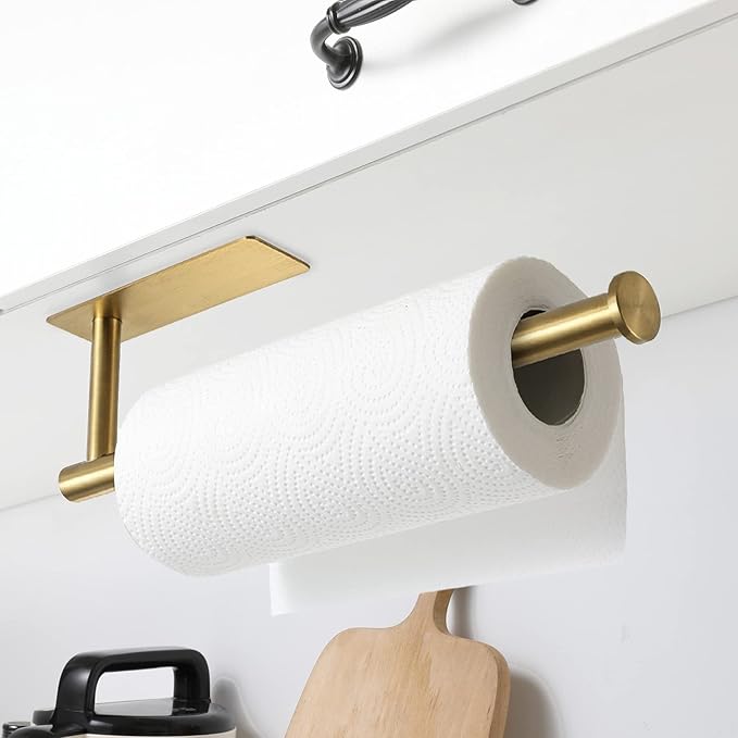 theaoo Paper Towel Holder for Kitchen, Adhesive Under Cabinet Paper Towel Roll Rack for Bathroom Towel, Wall Mounted Matte Black, SUS304 Stainless Steel(1, Gold)