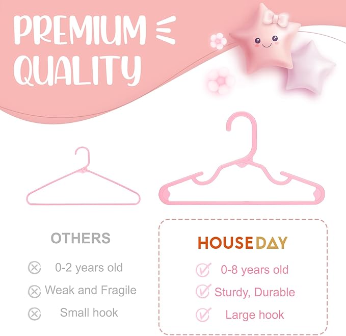 HOUSE DAY Plastic Baby Hangers for Closet 60 Pack, Durable Plastic Kids Hangers for Baby Clothes, Thin & Compact Childrens Hangers, Space Saving Pink Baby Hanger, Small Hanger for Kids Clothes