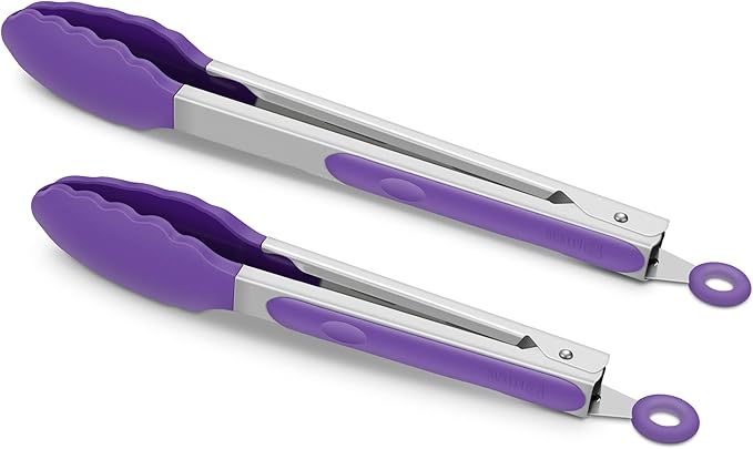 2 Pack Silicone Kitchen Tongs, 9 & 12 Inch, Stainless Steel, Purple