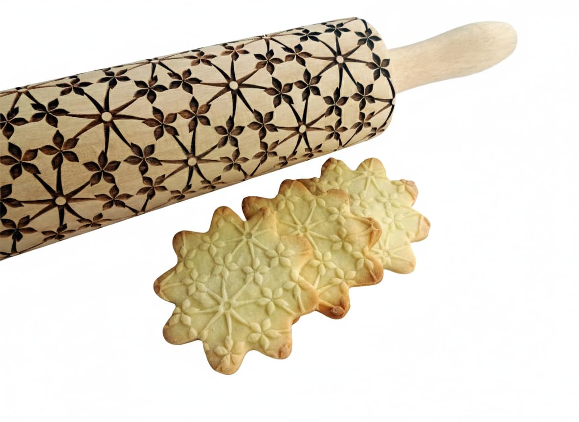 Rolling pin FLOWERS. Wooden embossing rolling pin with Oriental flowers. Embossed cookies. Pottery. Birthday gift. Gift for mother