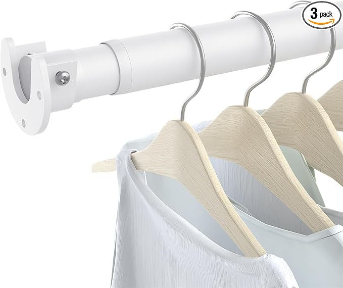 3 Pack Closet Rods for Hanging Clothes, 17 to 39 Inch Heavy Duty Stepless Adjustable Closet Hanging Rod, 1.3 Inch Diameter Metal Closet Rod for Wardrobes Laundry Bedroom RV, White