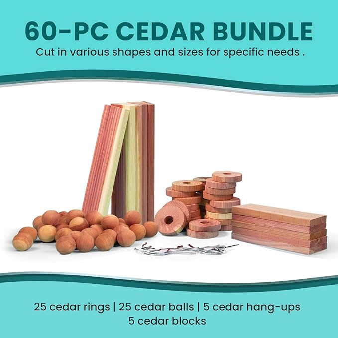 60 Variety Pack - Cedar for Closets - Moth Balls Alternative for Clothes Storage - Fabric Protection Hang-Ups - Natural Hanger Rings - Freshner for Clothes Storage