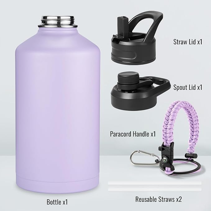 Gallon Water Bottle with 2 Lids (Straw & Spout), 304 Stainless Steel Water Jug with Handle and Wide Mouth, 1 Gallon Vacuum Double Walled Jug for Sports, Outdoors, Purple, 128 oz