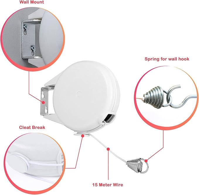49ft Retractable Clothesline for Indoor and Outdoor. Heavy Duty Clothesline Hold Upto 30lbs, Washing Line - PVC Clothes Line Retracting Outdoors, Hang The Wet Dry Clothes Laundryline