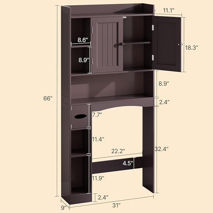 Gizoon Over The Toilet Storage Cabinet, 66''H Over Toilet Storage Cabinet, with Paper Holder, Adjustable Shelves, 2 Doors, Over Toilet Bathroom Organizer, 2 Side Hooks, Space-Saver, Dark Brown