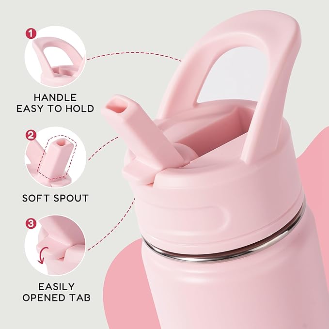 12oz Kids Water Bottle for School, Toddler Bottles with Straws, Stainless Steel Vacuum Insulated Water Bottle for Boys&Girls, Leak-Proof, BPA-Free, Cherry