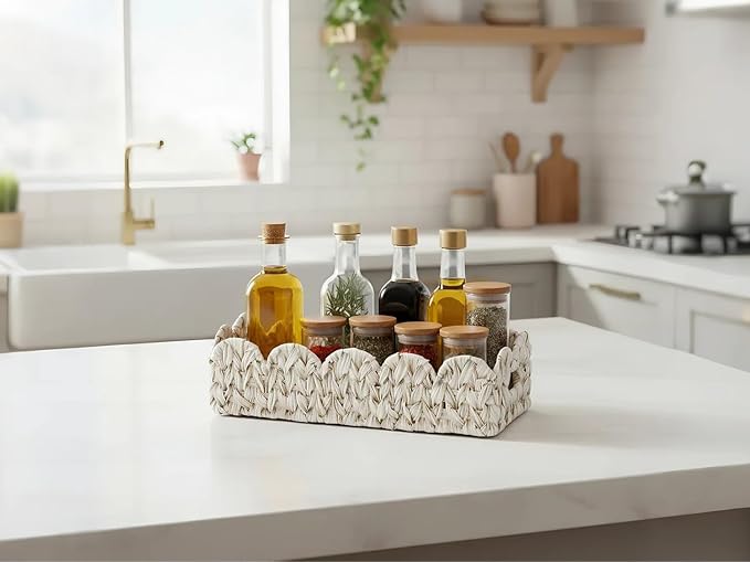 Toilet Basket,Set of 2 Scalloped Baskets for Paper Storage,Back of Toilet Tank Basket for Shelves,Countertop,Tank Topper,White,Rectangle