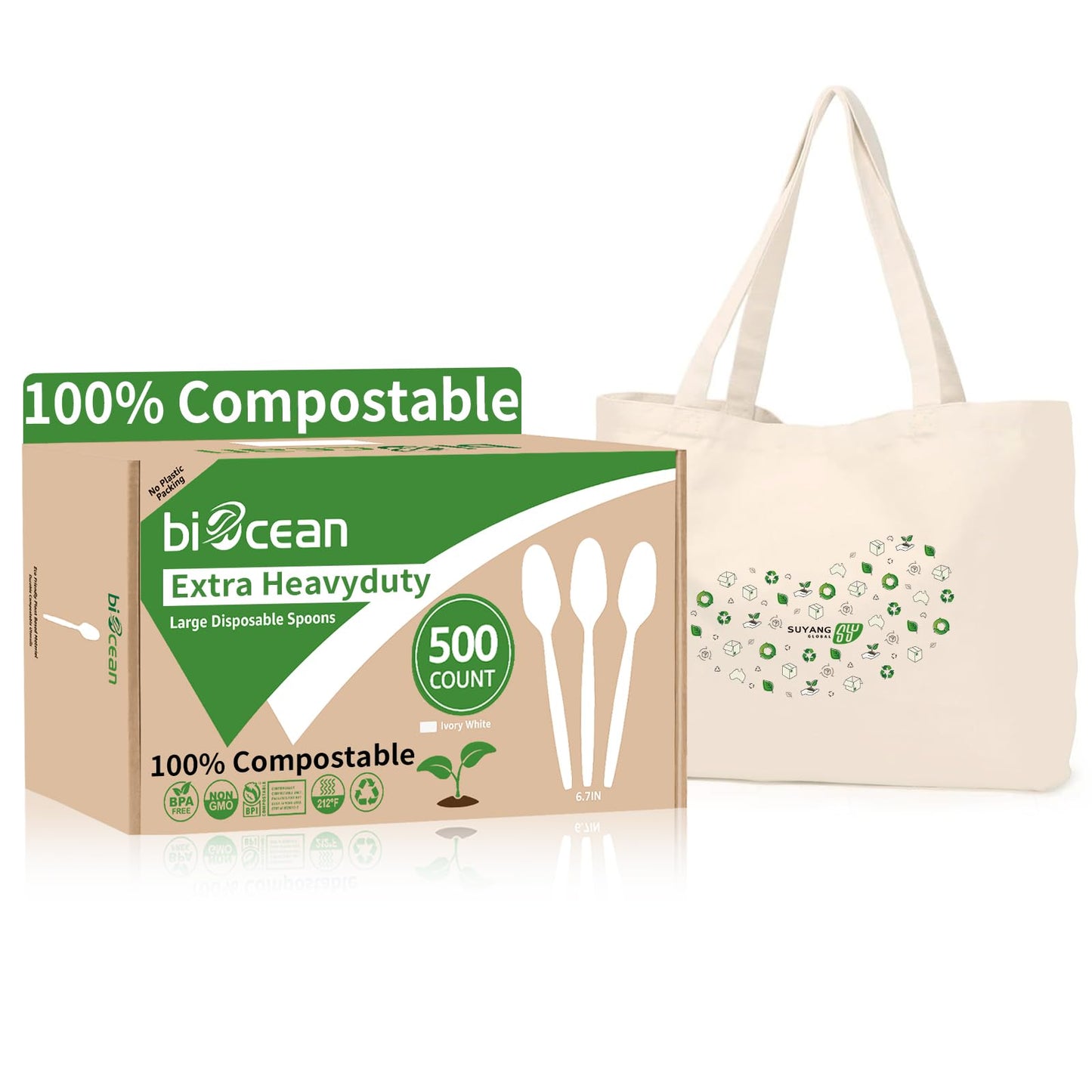 Biocean Extra Heavyduty Compostable Spoons [500 Count,6.7In] Disposable Cutlery No Plastic Spoons Large Biodegradable Utensils Eco Friendly Silverware for Party,BBQ,Daily Use [With Tote]