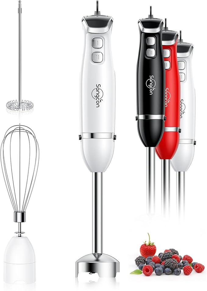 Sangcon Immersion Blender Handheld, 3-in-1 Hand Blender Electric, 400W Handheld Licuadora de mano, Stainless Steel Blade Stick Mixer with Whisk, Milk Frother Attachments White