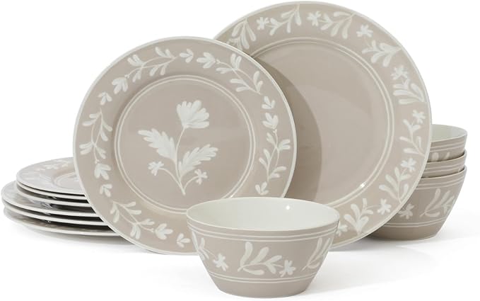 Martha Stewart Dinnerware Set- Maiden Crown 12-Piece Sky Blue Dishes – New Bone China Ceramic Plates & Bowls – Floral Design – Service for 4 – Microwave & Dishwasher Safe