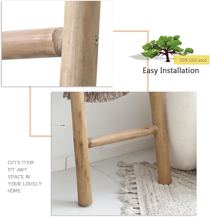 FUIN 57in Wood Blanket Ladder Living Room Decorative Wall Leaning Farmhouse Quilt Display Holder Rustic Wooden Towel Rack for Bathroom, Brown