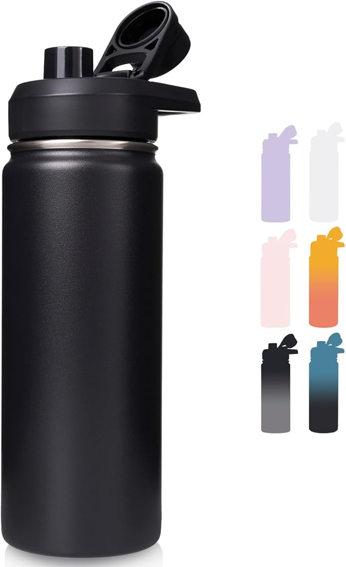 18 oz Insulated Water Bottle with Handle, 304 Stainless Steel Water Bottles with Wide Mouth, Double Wall Vacuum Sports Water Bottle, BPA Free, Keep Cold and Hot, Black