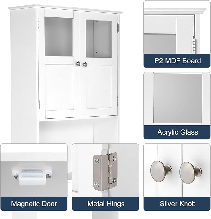 Bonnlo Over The Toilet Storage Cabinet with Adjustable Shelf White Bathroom Floor Organizer Space Saver with Double Doors, 67" Height