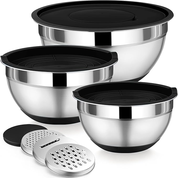 P&P CHEF Mixing Bowl with Lid Set of 3, Stainless Steel Salad Bowls, Khaki