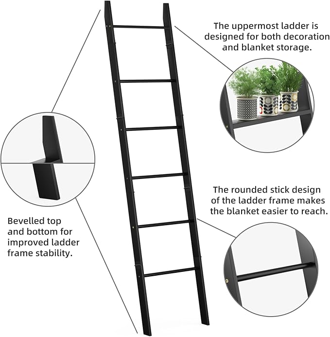 BAMBANG 6-Tier Blanket Ladder for Living Room, Blanket Quilt Ladder Rack Rustic Decorative Towel Holder, Wall Leaning Blanket Ladder Shelf Storage Farmhouse Decor for Bedroom Bathroom, Black