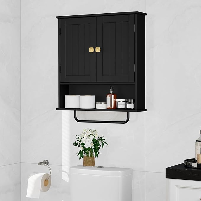 RRX Bathroom Cabinet Wall Mounted Medicine Cabinets with Towels Bar, Over The Toilet Storage Cabinet with 2 Doors and Adjustable Shelf, White Wall Cabinet for Bathroom Laundry Kitchen (Black)
