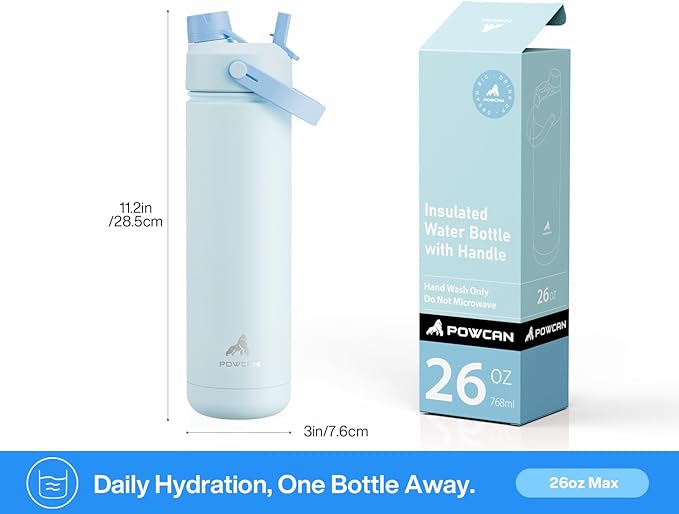 POWCAN 26 oz Insulated Water Bottle with 2-in-1 Straw and Spout Lid, Keep Cold 24H, Leak-Proof, Fits in Car Cup Holder, Stainless Steel Water Bottle for Sports, Travel, Gym, and School (Bubble Bay)