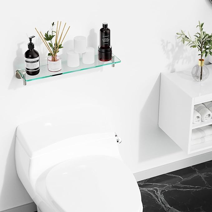 Glass Shelves for Bathroom,20-Inch Brushed Nickel Floating Bathroom Shelf Stainless Steel Tempered Glass Shelf Modern Shelves Wall Mounted