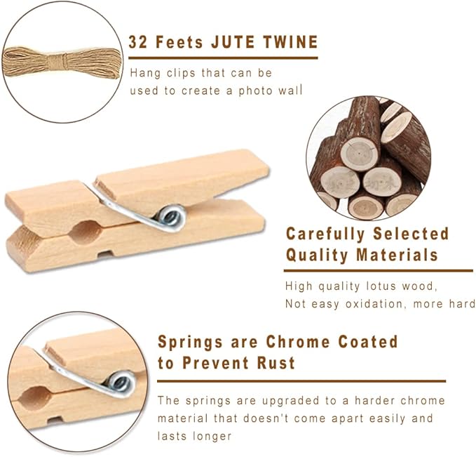 1.35 Inch Mini ClothesPins for Photo【100 Pcs】 with 32 Feet Jute Twine，Mini Clothes Pins for Crafts,Wooden Small Clothes Pins for Pictures,Tiny Decorative Clothespins for Baby Shower(Natural Color)