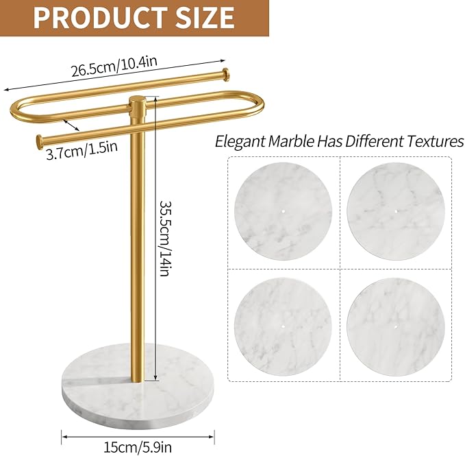 Countertop Towel Stand Free Standing with Marble Base, S-Shape Hand Towel Stand for Bathroom Stainless Steel Rust-Proof, Hand Towel Holder Standing for Kitchen Vanity Countertop (Gold)