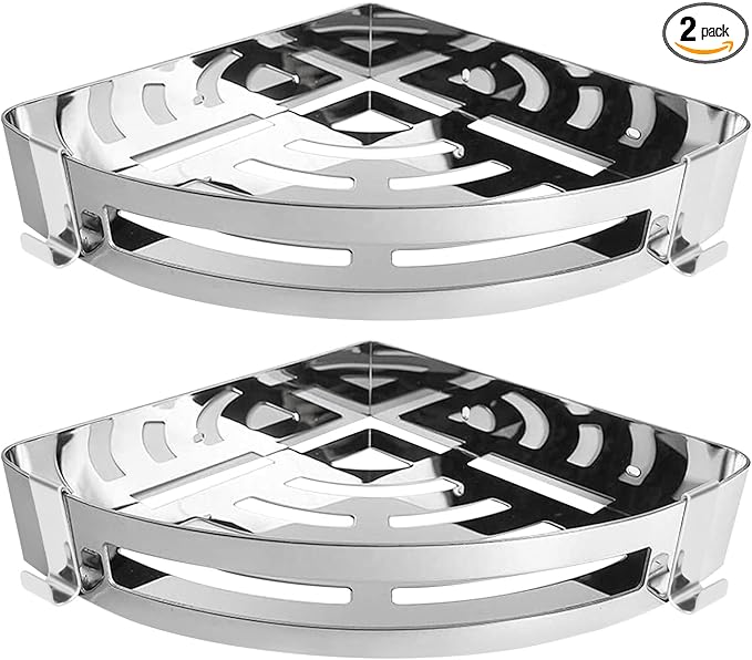 NearMoon Bathroom Corner Shelf Shower Caddy 2 Pack, No Drill 304 Stainless Steel Shower Organizer with 2 Hooks (Chrome)