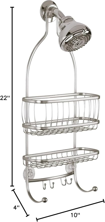 iDesign York Metal Wire Hanging Shower Caddy, Extra Wide Space for Shampoo, Conditioner, and Soap with Hooks for Razors, Towels, and More, 9.75" x 4" x 22", Satin Silver