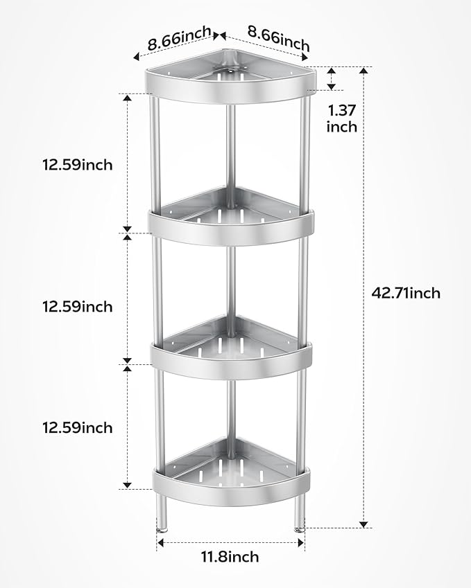Nieifi Corner Shower Caddy Stand-4 Tier Rustproof Anodized Aluminum Standing Shower Organizer-Shower Caddy Corner-Dual Stability to Anti-Shaking-Height-Adjustable Legs for Uneven Surfaces-Silver