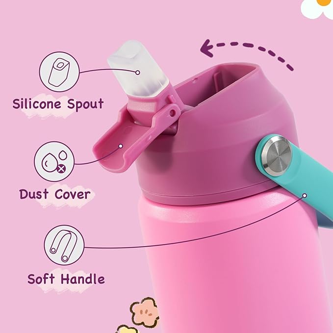 Kerilyn 12oz Kids Water Bottle 2 Pack, Stainless Steel Insulated Water Bottle Bulk, Toddler Cups with Straws Leak-Proof, Kids Water Bottles for School Boys Girls, BPA Free, Rose Red+Charm Pink