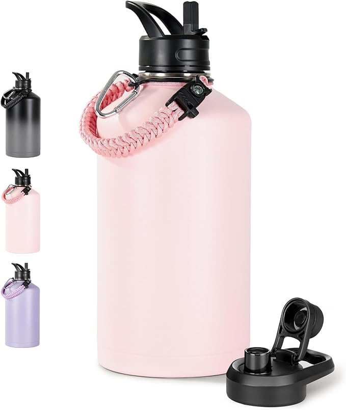 Gallon Water Bottle with 2 Lids (Straw & Spout), 304 Stainless Steel Water Jug with Handle and Wide Mouth, 1 Gallon Vacuum Double Walled Jug for Sports, Outdoors, Pink, 128 oz