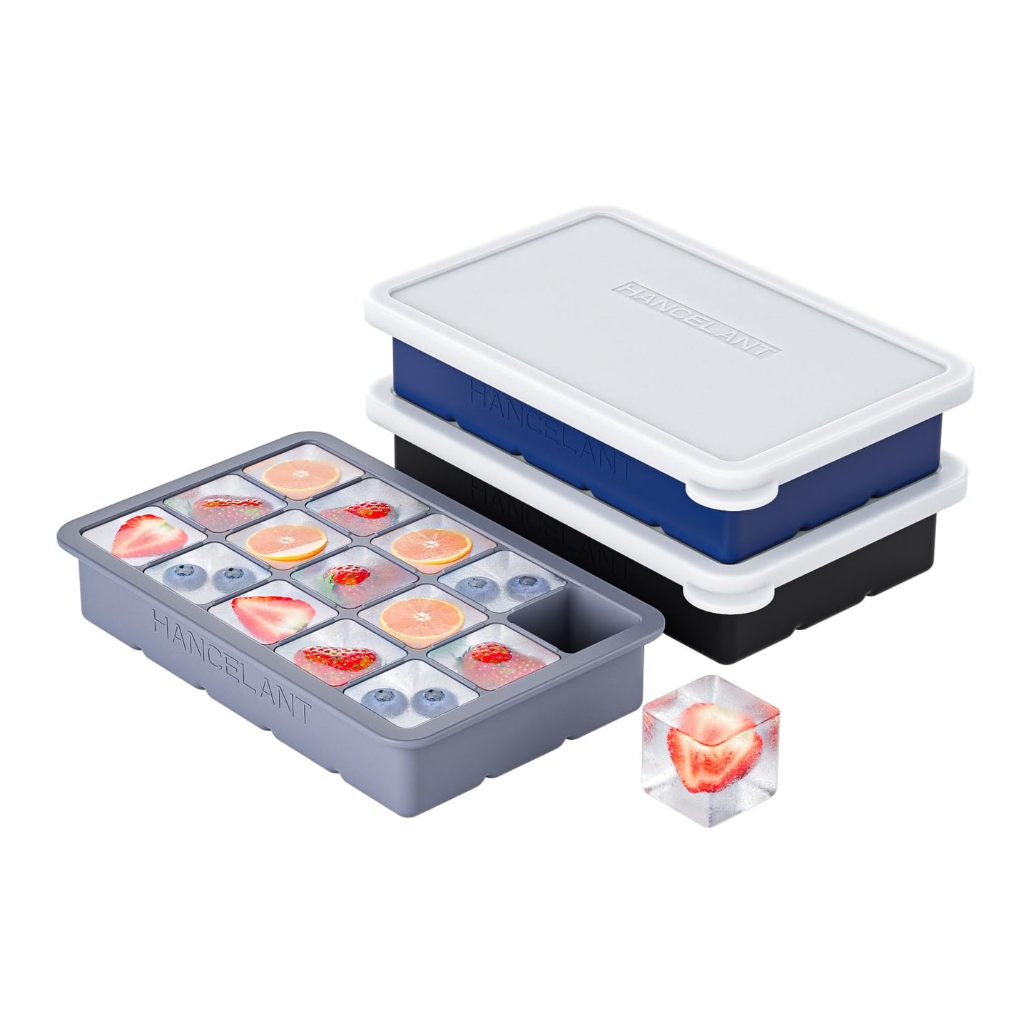 Silicone Ice Cube Tray 2 Pack, HANCELANT Ice Cube Mold, Ice Trays for Freezer with Lid for Whiskey, Cocktail, Drinks and Food, Freezer, BPA Free, Easy Release