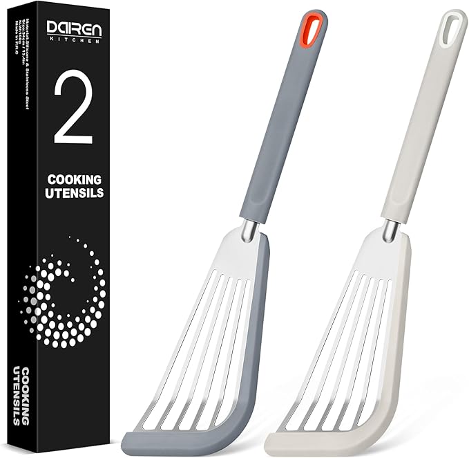 Fish Spatula Turner,Thin Slotted,Stainless Steel With Silicone Edge,2 Pack
