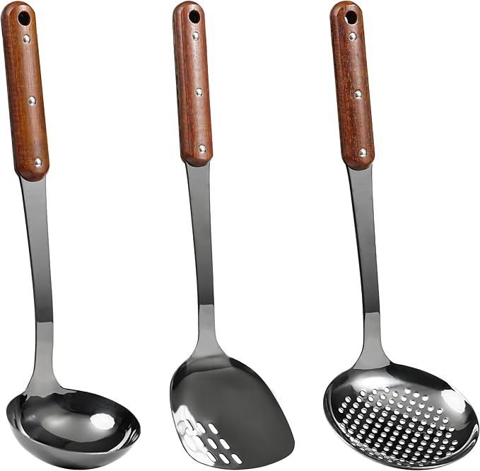 FJNATINH Stainless Steel Wok Spatula,Slotted Spatulas,Ladle,Skimmer Ladle Tool Set,Mirror Polished Cooking Utensils Kitchen Cookware, Pack of 4,Black