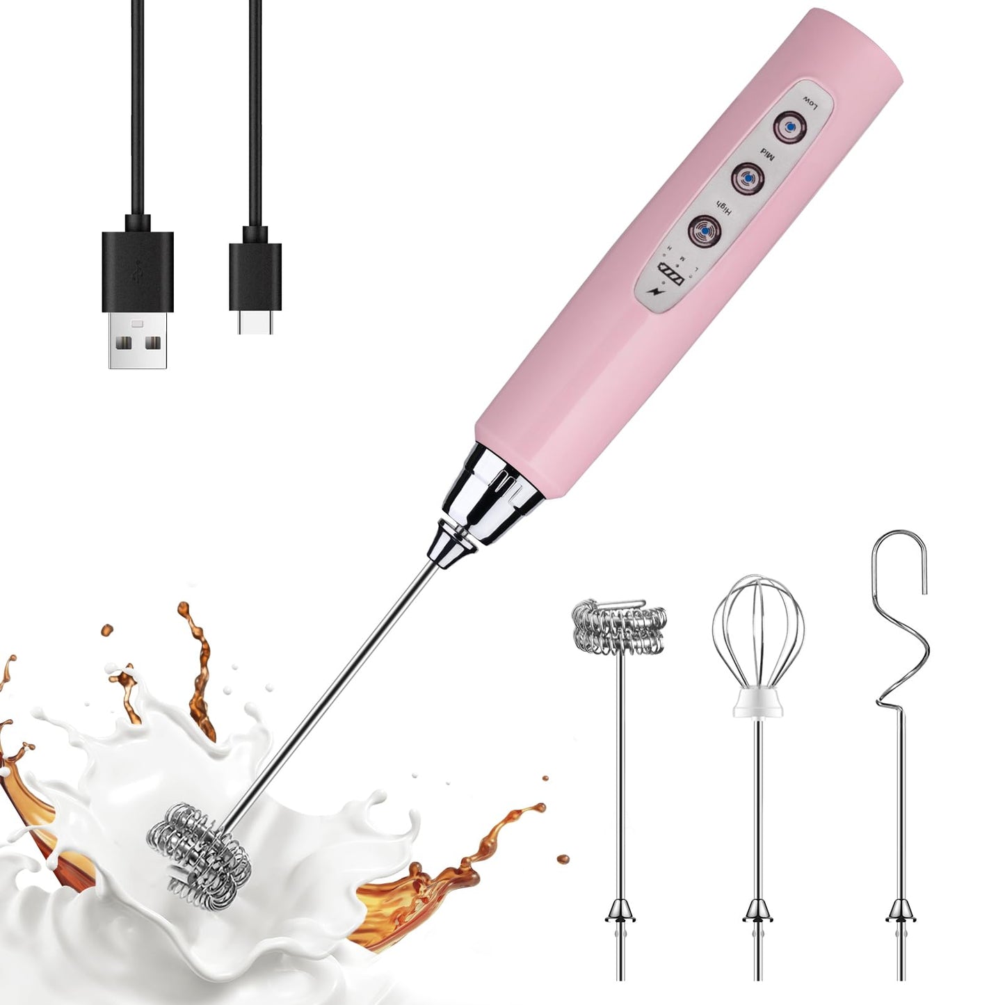 YUSWKO Handheld Milk Frother Wand for Coffee, Rechargeable Electric Whisk with 3 Heads 3 Speeds Drink Mixer Coffee Frother For Latte, Cappuccino, Hot Chocolate, Egg, Beige