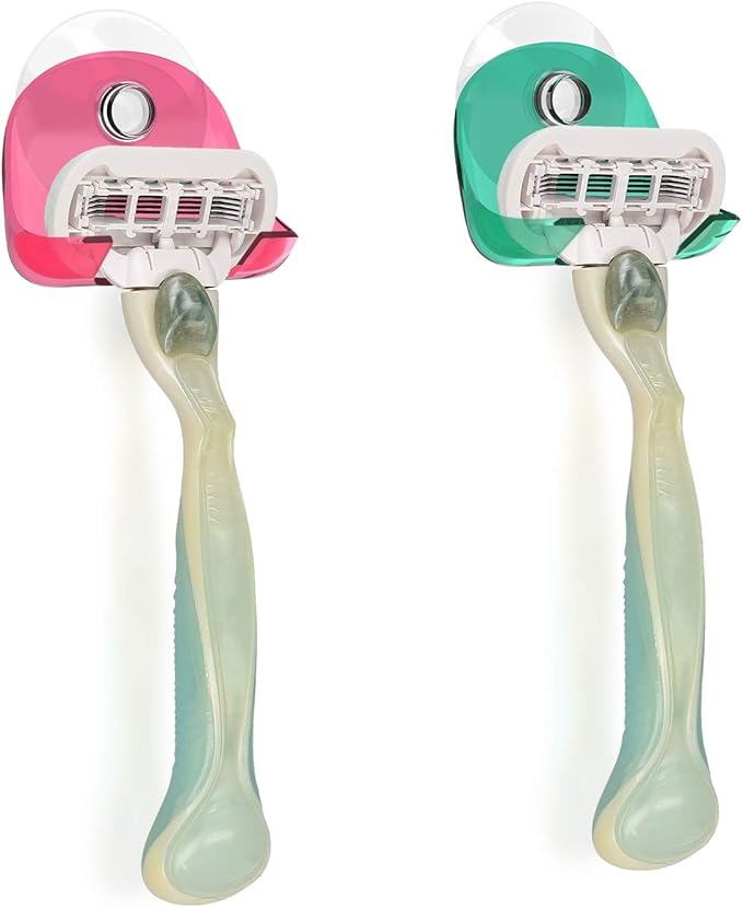 kwmobile 2x Razor Holder with Suction Cup - Self-Adhesive Shaver Wall Mount - Bathroom Organizer for Glass and Tiles - Red/Green/Transparent