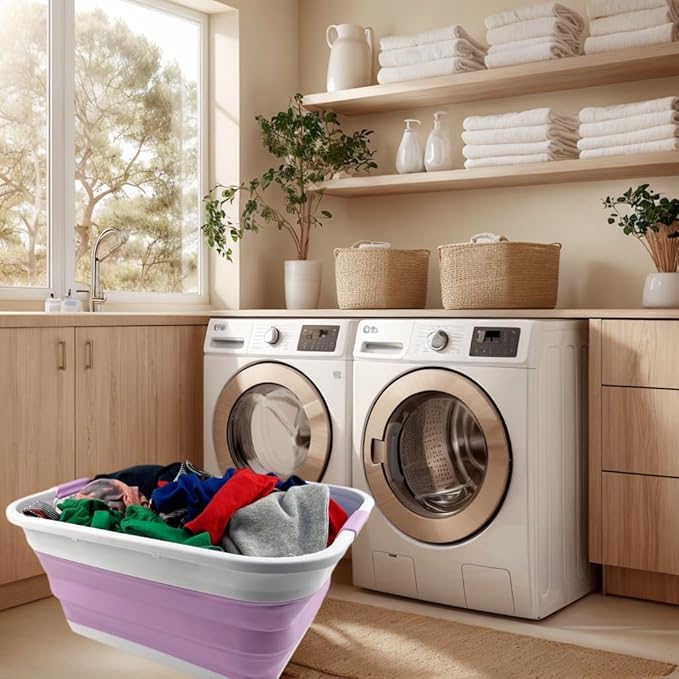 SAMMART 41L (10.8 gallon) Collapsible Plastic Laundry Basket - Foldable Pop Up Storage Container/Organizer - Portable Washing Tub - Space Saving Hamper/Basket (Rectangular, White/Pale Purple)