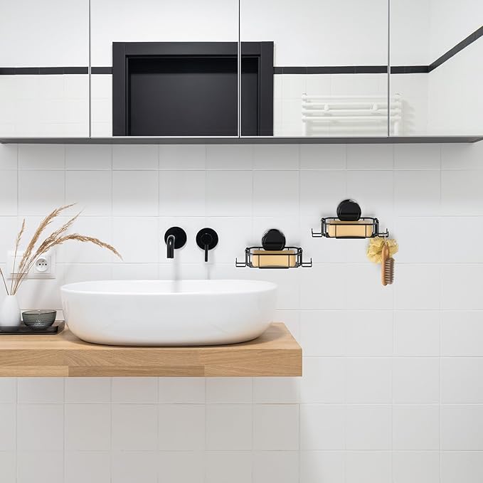 2 Pcs Suction Cup Adhesive Soap Holder Dish with Hooks, Black Stainless Steel Rustproof Shampoo Bar Holder Tray Self Drain, Morden Bathroom, Drill Free
