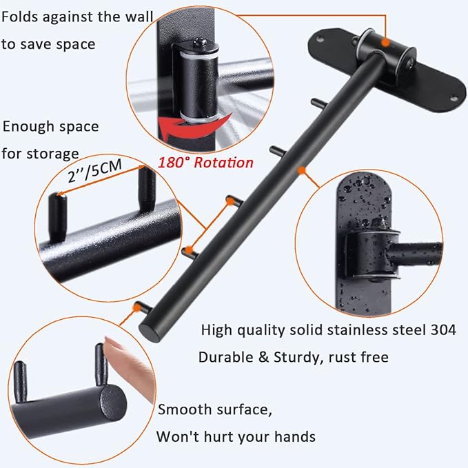 Folding Wall Mounted Clothes Hanger Rack with Swing Arm, Foldable 180°Rotation, Stainless Steel 304 Folding Clothes Hanger Drying Rack Rod, for Laundry Room Valet Hook (Black)