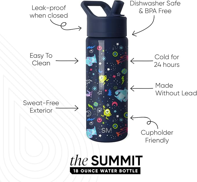 Simple Modern Kids Summit Water Bottle with Straw Lid | Disney Pixar Monsters Inc 18oz Stainless Steel Cup Insulated Tumbler for Boys, Girls, School | Dream Team