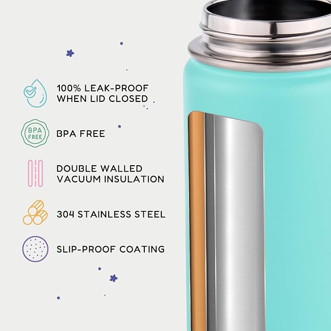 12oz Kids Water Bottle for School, Toddler Bottles with Straws, Stainless Steel Vacuum Insulated Water Bottle for Boys&Girls, Leak-Proof, BPA-Free, Blue + Green