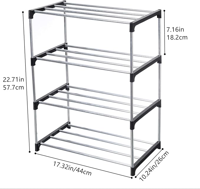 Stackable Small Shoe Rack, Entryway, Hallway and Closet Space Saving Storage and Organization (4-Tier, Black)