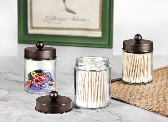 Amolliar Apothecary Jars Bathroom Storage Organizer - Cute Qtip Dispenser Holder Vanity Canister Jar Glass with Lid for Cotton Swabs,Rounds,Bath Salts,Makeup Sponges,Hair Accessories/Bronze (2 Pack)
