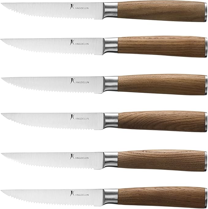 kangdelun Ultra Sharp 6-Piece Steak Knife Set, 4.5" Serrated Blades, 50Cr15MoV High-Carbon Stainless Steel, Torrefied Natural Ash Wood Handles, Magnetic Gift Box