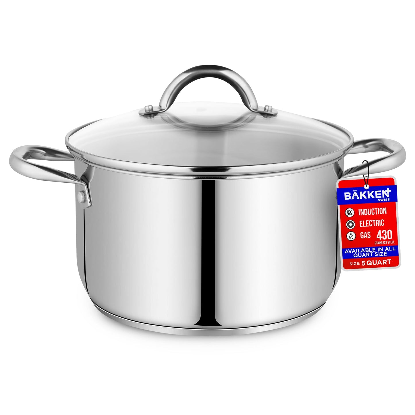Stainless Steel Stockpot with Tempered Glass Lid 3 Quart, Durable 18/0 Stainless Steel, Impact-Bonded Base for Even Heating, Riveted Handles, Oven & All Stove Compatible, Safe Up To 500°F (260°C)