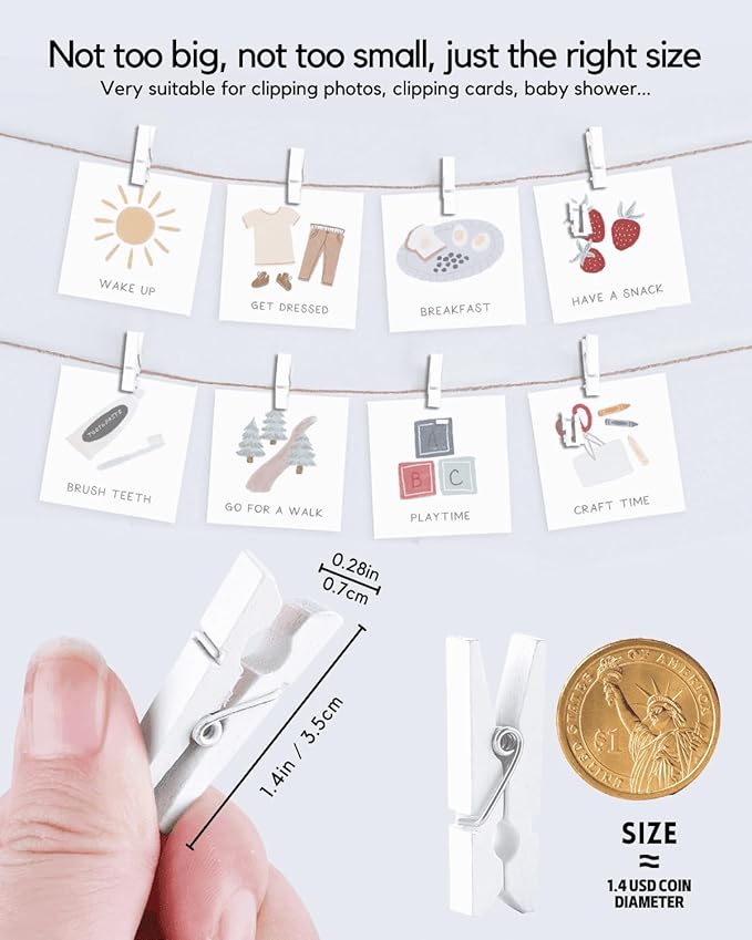 Mini Clothes Pins Wooden Colored Small White Clothespins for Photo 1.4 Inch 50 PCS, Tiny Clips Close Pin for Baby Shower Classroom Crafts Project Decorations Hanging Pegs